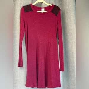 ALYA Burgundy Long Sleeve Dress with Black lace Accents